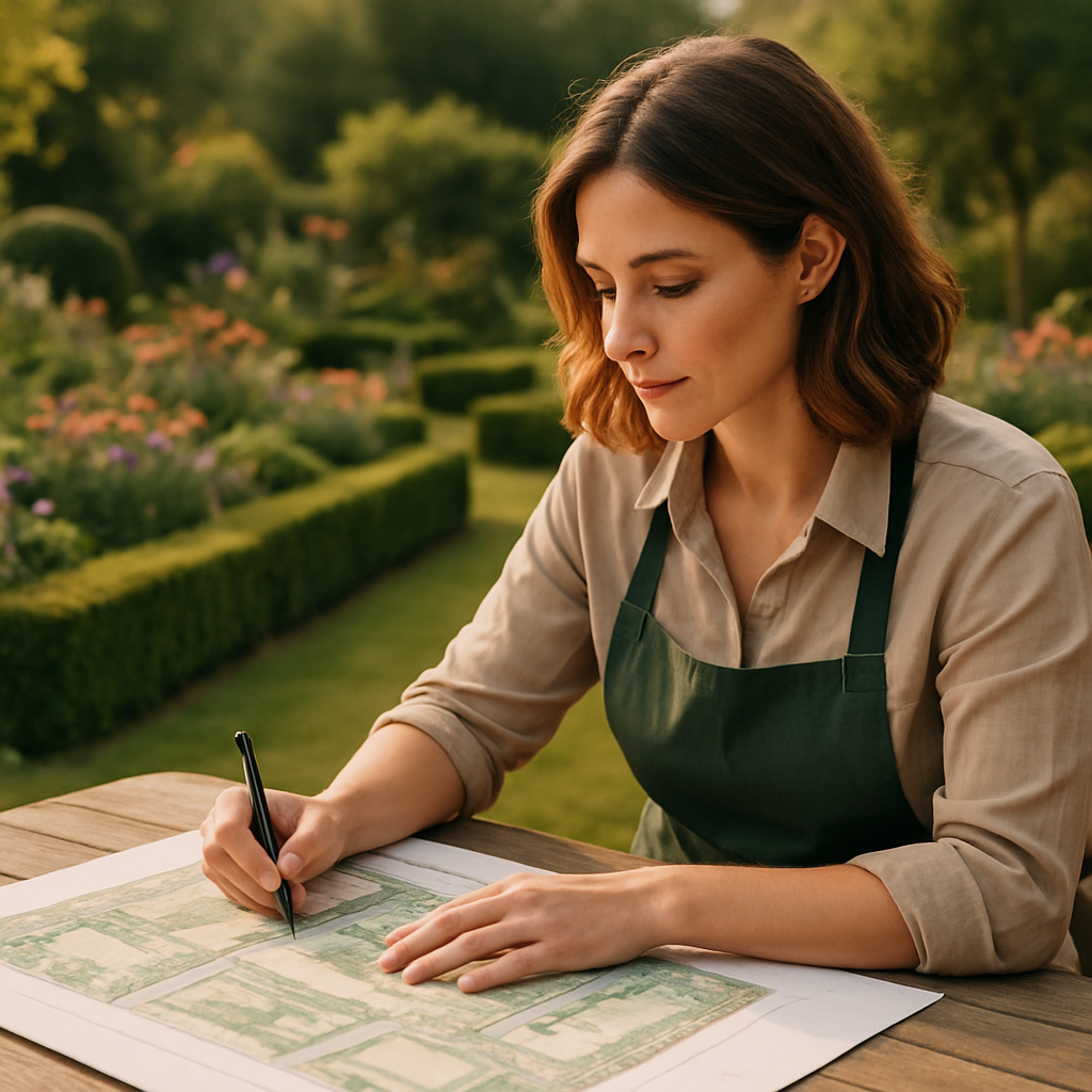 A landscape designer reviewing garden plans beside a lush designed garden
