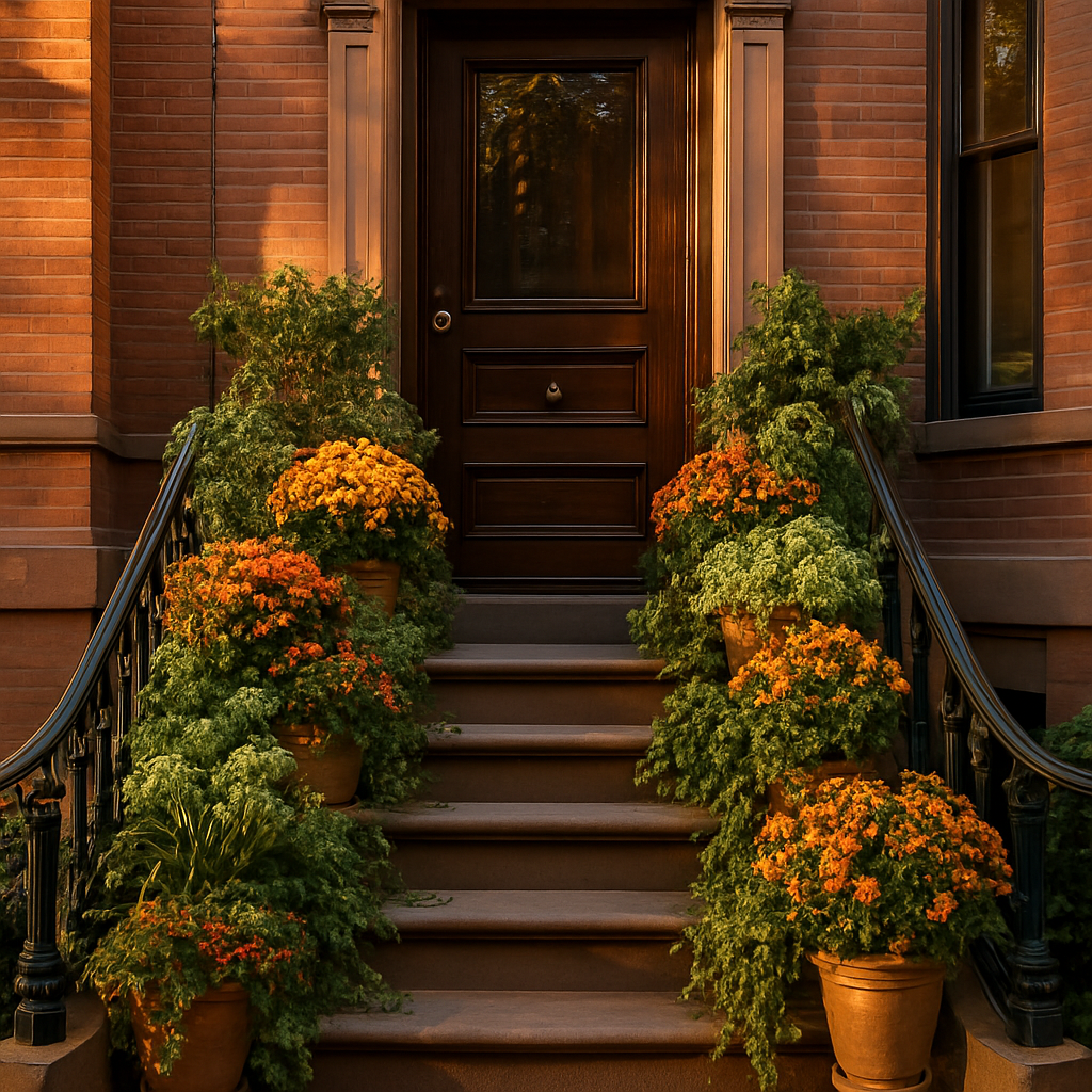 A Boston brownstone stoop styled with abundant seasonal potted plants